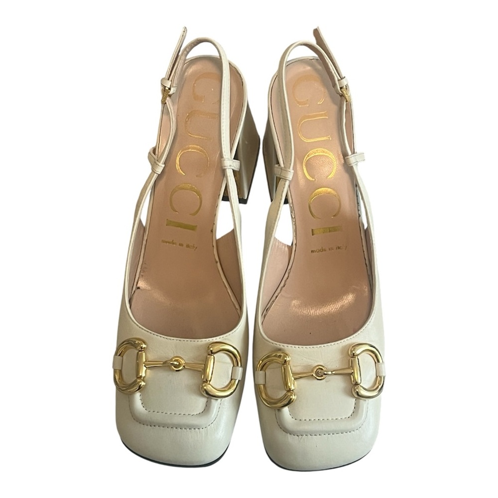 Gucci Cream Slingback Heel Shoes with Gold Horsebit Accents - Picture 2 of 7